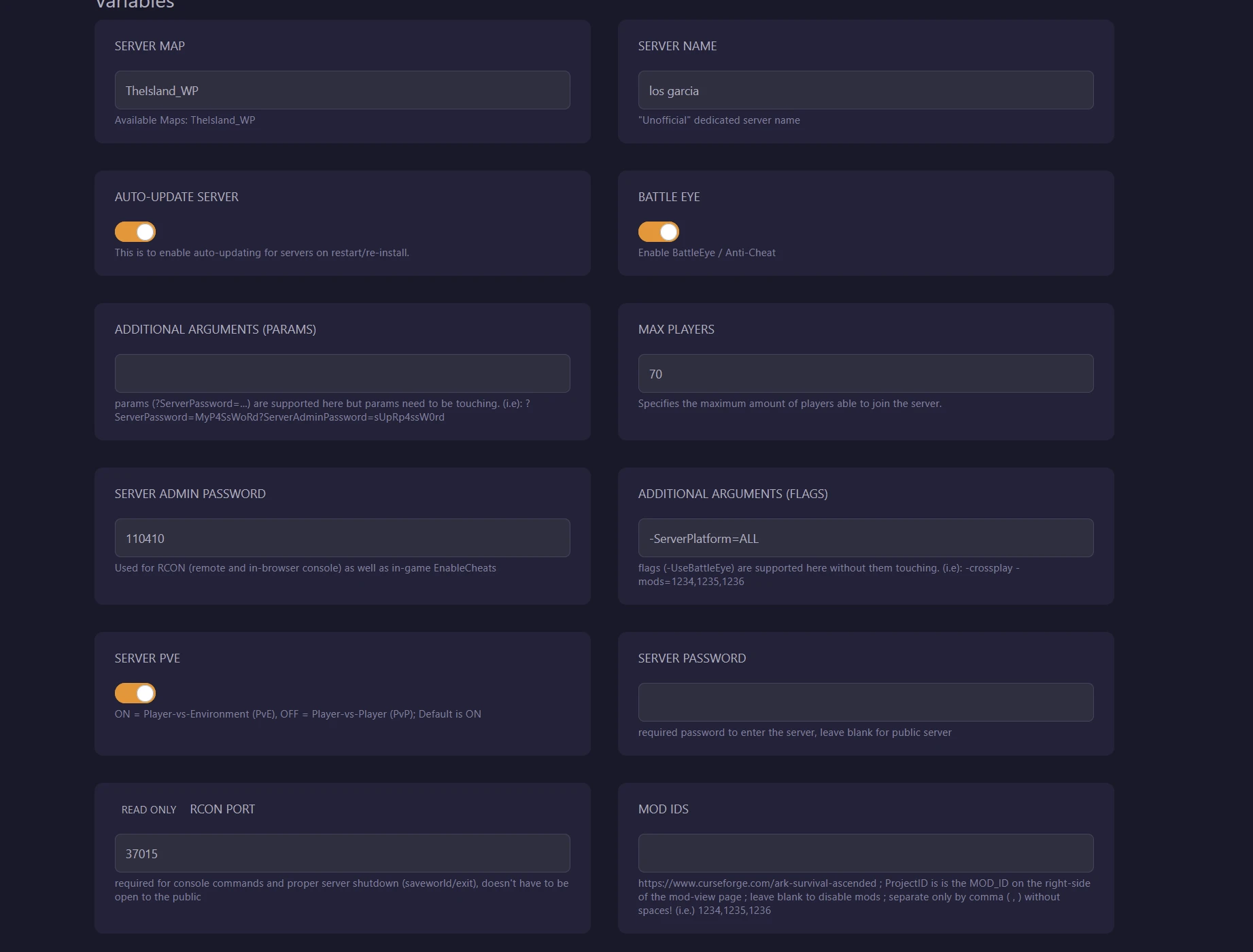 Onglet Startup : les variables du serveur ARK dans le panel