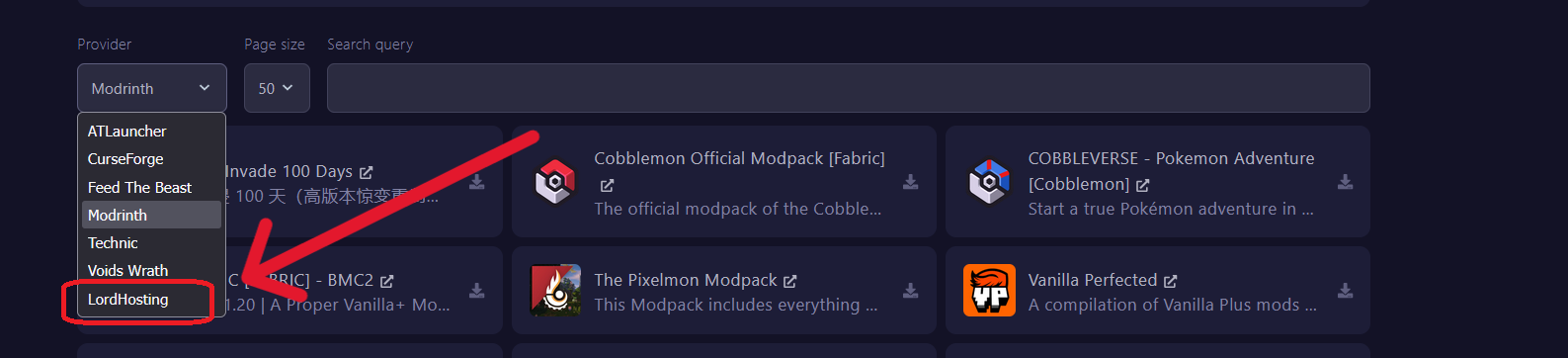 Sélection du provider LordHosting dans Pterodactyl pour installer Arcadia Echoes of Power
