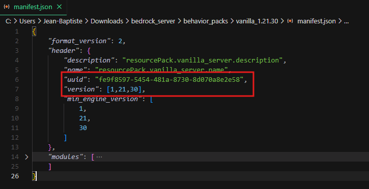 Contenu du fichier manifest.json d'un addon Minecraft Bedrock